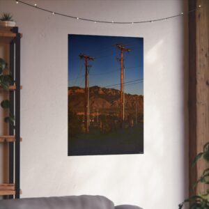 Lines of Connection – Sandia Mountains Framed by Power Poles at Golden Hour, Nature Wall Art, Minimalist Home Decor, Landscape Prints, Outdoor Photography, Earthy Wall Decor