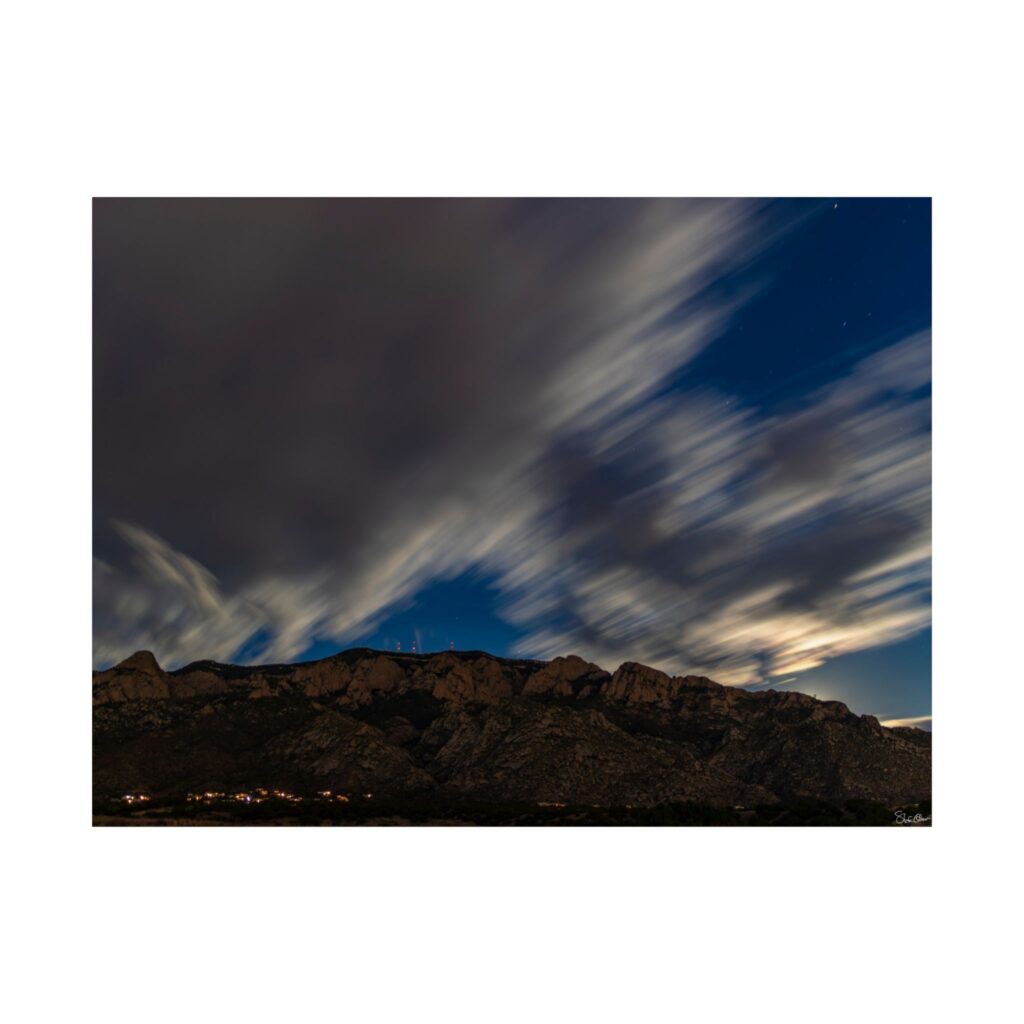 "Wind Over Sandia" – Long Exposure Night Sky Over New Mexico’s Iconic Mountain Range | Wall Decor, Home Art, Nature Photography, Mountain Prints, Unique Gift Ideas