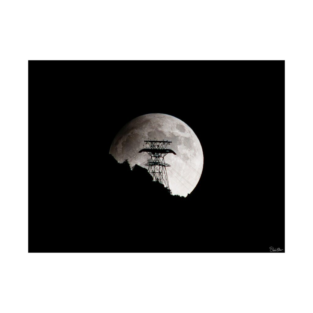 "Lunar Grid" – Full Moon Rising Behind Sandia Peak Transmission Tower - Matte Horizontal Poster, Black and White Wall Art, Modern Home Décor, Gift for Moon Lovers, Unique Landscape Print